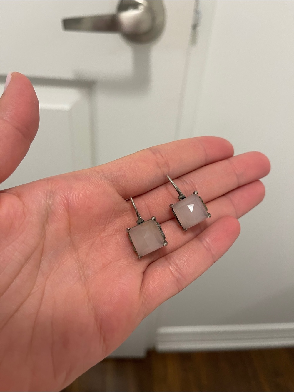 Square Pink Gem Drop Earrings — Minimalist Dangle Style